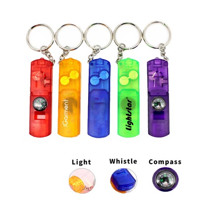 Four In One Keychain With LED Light Whistle And Compass