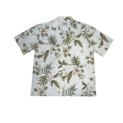 White Hawaiian Shirt (S - 3XL in-stock) - 100% Cotton Poplin Tropical Print w/ Coconut Buttons