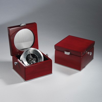 Silver Skeleton Clock in Rosewood Piano Box