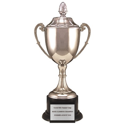 13 ¼" Nickel Plated Polished Acorn Top Trophy Cup w/Black Base