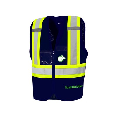 Navy Solid Front/Mesh Back Traffic Vest w/Zipper, 4" Tape, & 8 Pockets