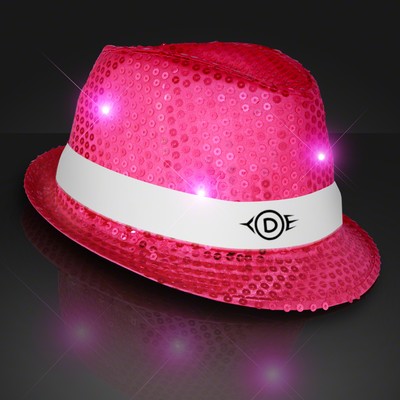 Sequin Pink LED Fedora Hats with White Bands - PRINTED