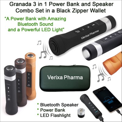 Granada 3" 1 Power Bank/Bluetooth Speaker Combo 2000 mAh Black Zipper Wallet