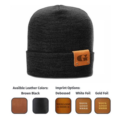 Full-Grain Leather Riveted Patch Beanie - Made with 100% full grain leather USA