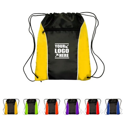 Two Color Drawstring Backpack With Front Zipper