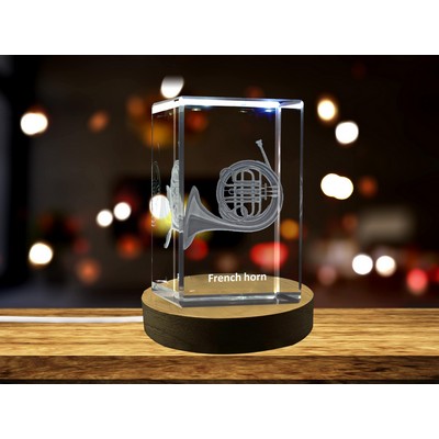 French Horn 3D Engraved Crystal Trophy Award for Recognition | LED Base Keepsake Treasure