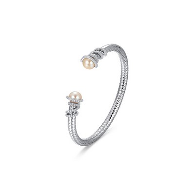Charles Garnier Sterling Silver "New Mesh" Genuine White Pearl & CZ Cuff Bangle - Silver