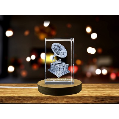 Vintage Wind-Up Gramophone 3D Engraved Crystal Trophy