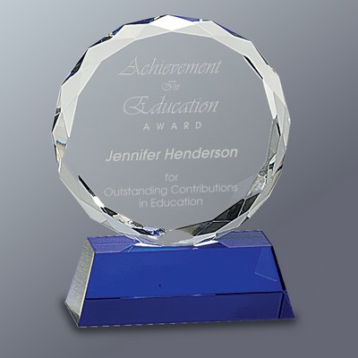 Crystal Faceted Circle Award Series on Blue Base, Small (4"x 5"H)