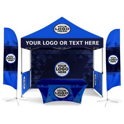 10x10 Canopy Pop-Up Tent Kit Package with 9' Feather Flag & 6' Stretch Table Cover