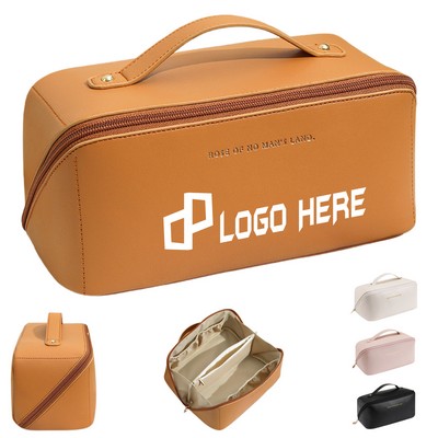 Pu Multi-Compartment Cosmetic Bag W/ Handle