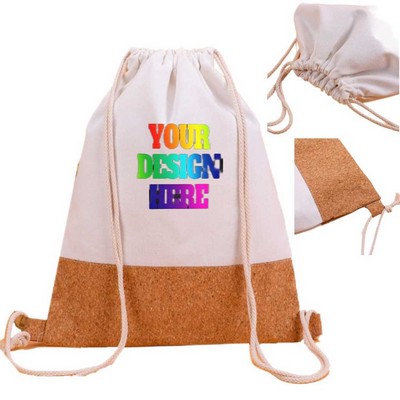 Full Color Printing Natural Cotton Canvas Cork Drawstring Bag Backpack