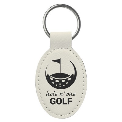 3" x 1 3/4" White Leatherette Oval Keychain