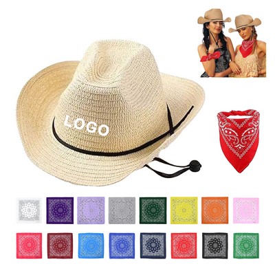Adult Straw Cowboy Hat With Cotton Bandana