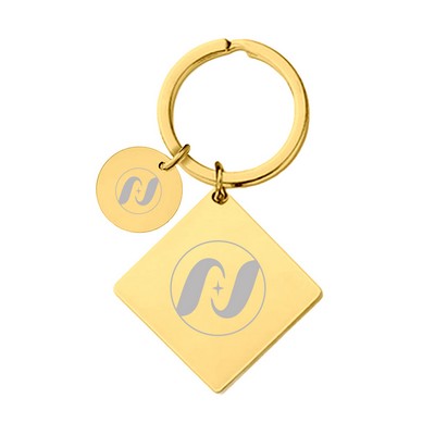 30 x 30 x 2 mm Gold Square Tag Keychain W/ Small Round Tag 15 mm Dia.