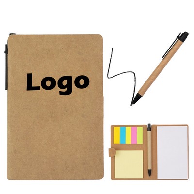 Kraft A6 Notebook Set With Pen Medium Retractable Pocket Memo Classic Pressed Inspired