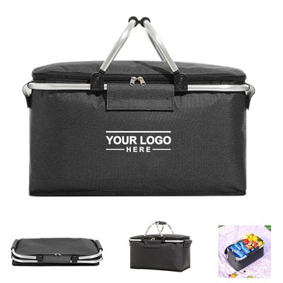 Insulated Collapsible Picnic Basket Cooler Bag with Aluminum Handles