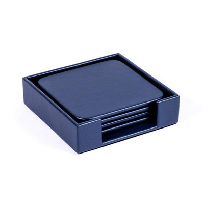 Navy Blue Leatherette 4 Square Coaster Set w/ Holder