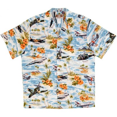 Hawaiian Tropical Military Blue Print Shirt - Jet Airplanes Circa 1960's (S - 3XL IN STOCK)