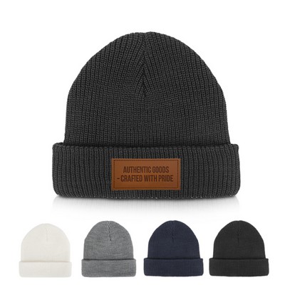 Custom PU Patch Cuffed Knit Winter Beanie