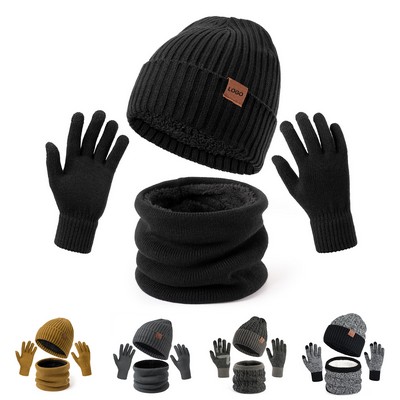 Winter Fleece Lined Knit Beanie Hat Circle Scarves Touchscreen Gloves Set for Women Men