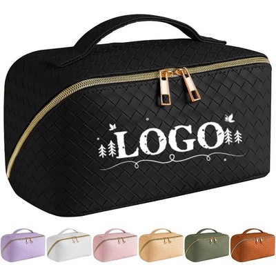 PU Woven Leather Womens Travel Makeup Bag