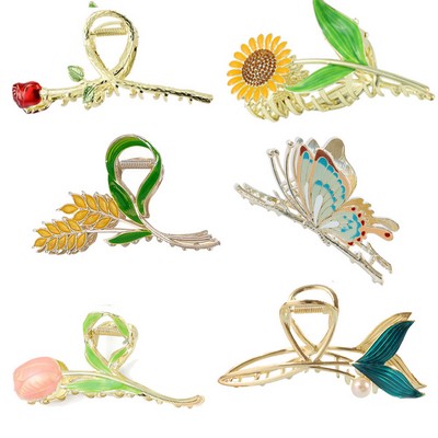 6pcs Set Floral Metal Hair Claw Elegant Tulip & Sunflower Alloy Clips Premium Non-Slip