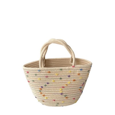 Hand-Woven Cotton Rope Beach Bag Rainbow Gradient Straw-Style Tote Bohemian Hollow-Out Crochet