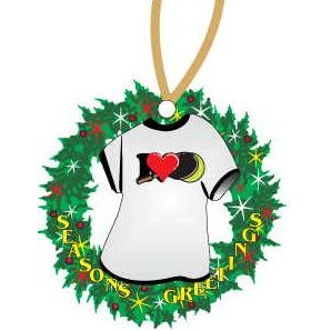 I Love Tennis w/ Racket T-Shirt Wreath Ornament w/ Black Back (4 Square Inch)