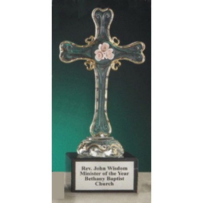 9" Crystal Cross Award w/Gold Accents & Base