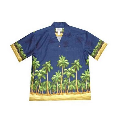 Navy Hawaiian Shirt - 100% Cotton Poplin Tropical Print w/ Coconut Buttons (S - 3XL in-stock)