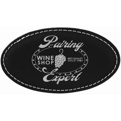 Black/Silver Laser Engraved Leatherette Oval Badge Blank with Magnet (3 1/4" x 1 3/4")