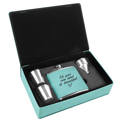 Laserable Teal Leatherette 6 Oz. Flask Gift Set