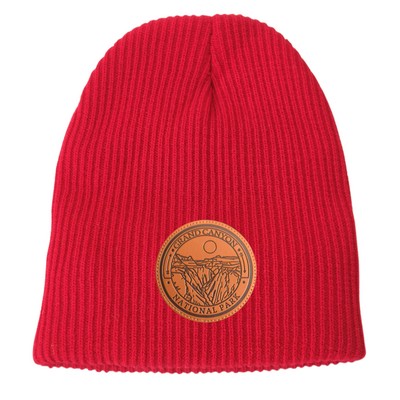 Ribbed Cuffless Beanie with Leather Patch