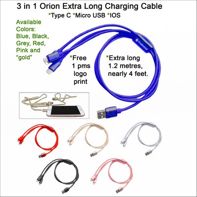 3" 1 Orion Extra Long Charging Cable Blue
