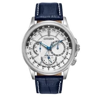 Citizen® Men's Calendrier Eco-Drive® Stainless Steel Watch w/Dark Blue Leather Strap