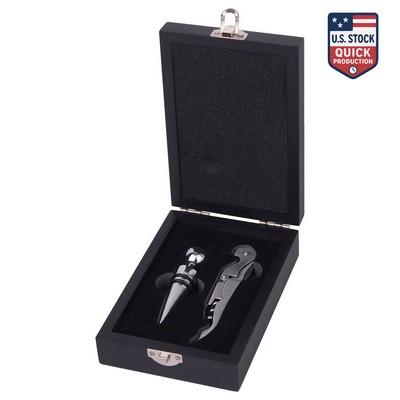 WineVault Veneto Wine Gift Set with Wine Opener, Stopper and Black Wooden Case