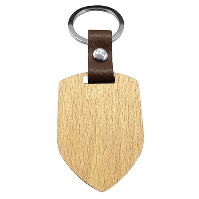 Shield Wood Keychain w/ Leather Strap