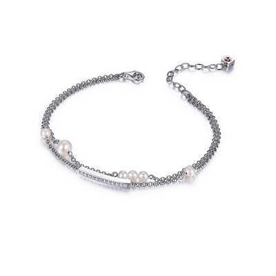 ELLE "Majestic" Sterling Silver White Pearl and Cubic Zirconia Bar Double Strand Bracelet - Silver
