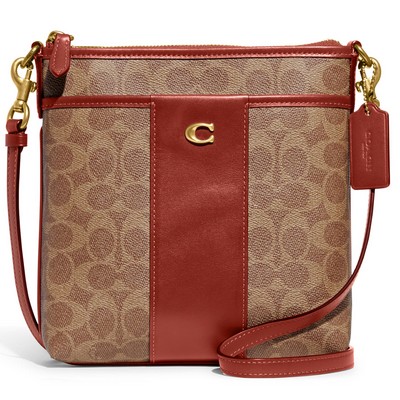 COACH Colorblock Coated Canvas Signature Kitt Crossbody- Tan Rust/Brass