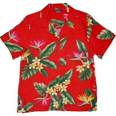 Ladies Hawaiian Shirt (DEEP INVENTORY) - 100% Silky Rayon Tropical Print w/ Coconut Buttons (XS-XXL)