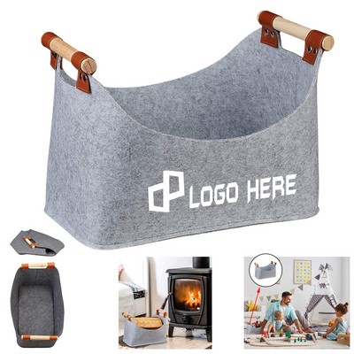 Felt Tote Bag Storage Basket W/ Wooden Handle