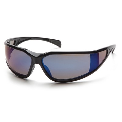 Exeter Safety Glasses, Glossy Black Frame with Blue Mirror Anti-Fog Lens