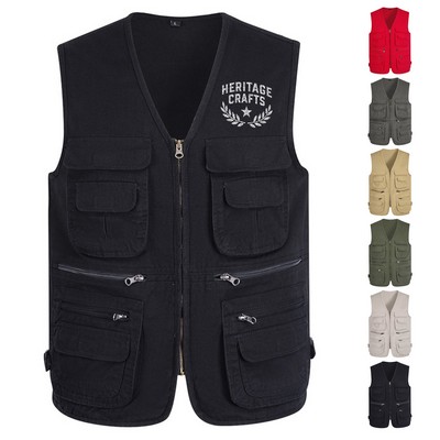 Outdoor utility vest with multiple pockets in different sizes, including zippered compartments. Perf