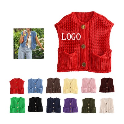 Knitted V-Neck Button Vest