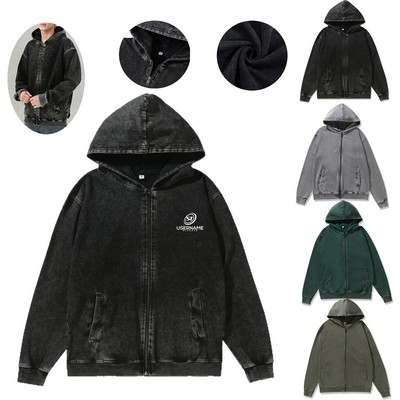 Custom Unisex Sweatshirt Vintage Washed Cotton Zip-Up Hoodie