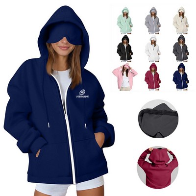 Hoodie with Eye Mask Women Full Zip up Hoodie Long Sleeve Casual Zip up