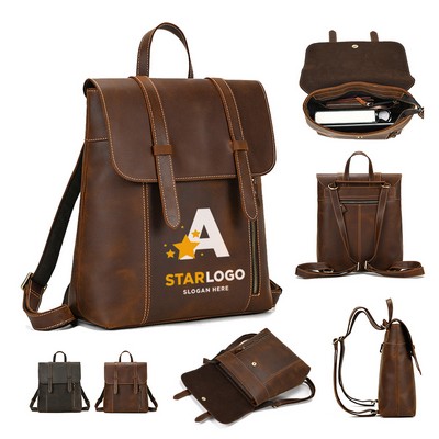 Genuine Leather Flip Cover Vintage Business Laptop Backpack