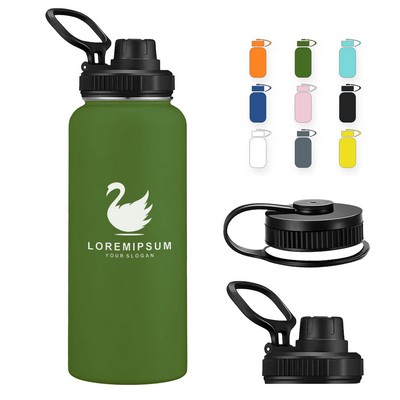 32oz Insulated Vacuum Water Bottle with Spout Lid & Screw on Top | Stainless Steel Flask
