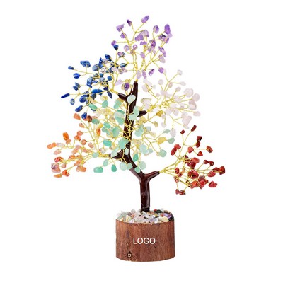 Natural Crystal Seven-Color Crushed Stone Money Tree with Tree Stump Base Home Desktop Ornament